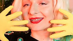 sexually blonde MILF - blogger Arya - teasing with yellow latex household gloves (FETISH)