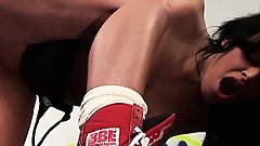 Boxing practice is put to a halt because the brunette milf is in need of doggy style