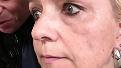 Old blonde granny takes two cocks for work