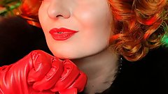 FUR and long red leather gloves ASMR video close up with Arya
