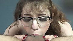 College Babe in Glasses Practices Blowjob Techniques on Strangers Cock and Lets him Cum Down her Throat