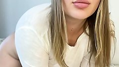 gorgeous blonde teen & big white dildo footjob closeup