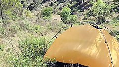 The tourist heard loud moaning and caught couple fucking in the tent.