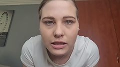 Femdom brunette instructing all male subs to hold their dick and lick their own cum whenever it leaks out