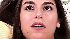 Hot brunette Latina Arielle Faye talks to you while she uses her Hitachi on her tight little pussy