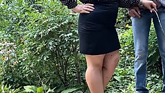 Mommy holds stepson's cock while he pisses outside