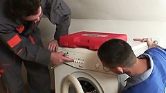Two repairmen fuck cock-hungry old grandma