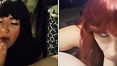 Wife and stepdaughter sucking cock and swallowing cum